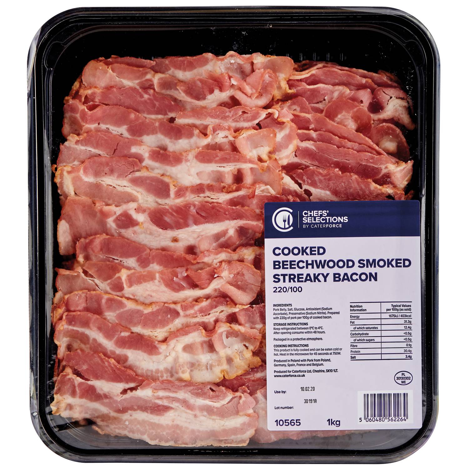 Chefs’ Selections Cooked Beechwood Smoked 220/100 Streaky Bacon (8 x 1kg)
