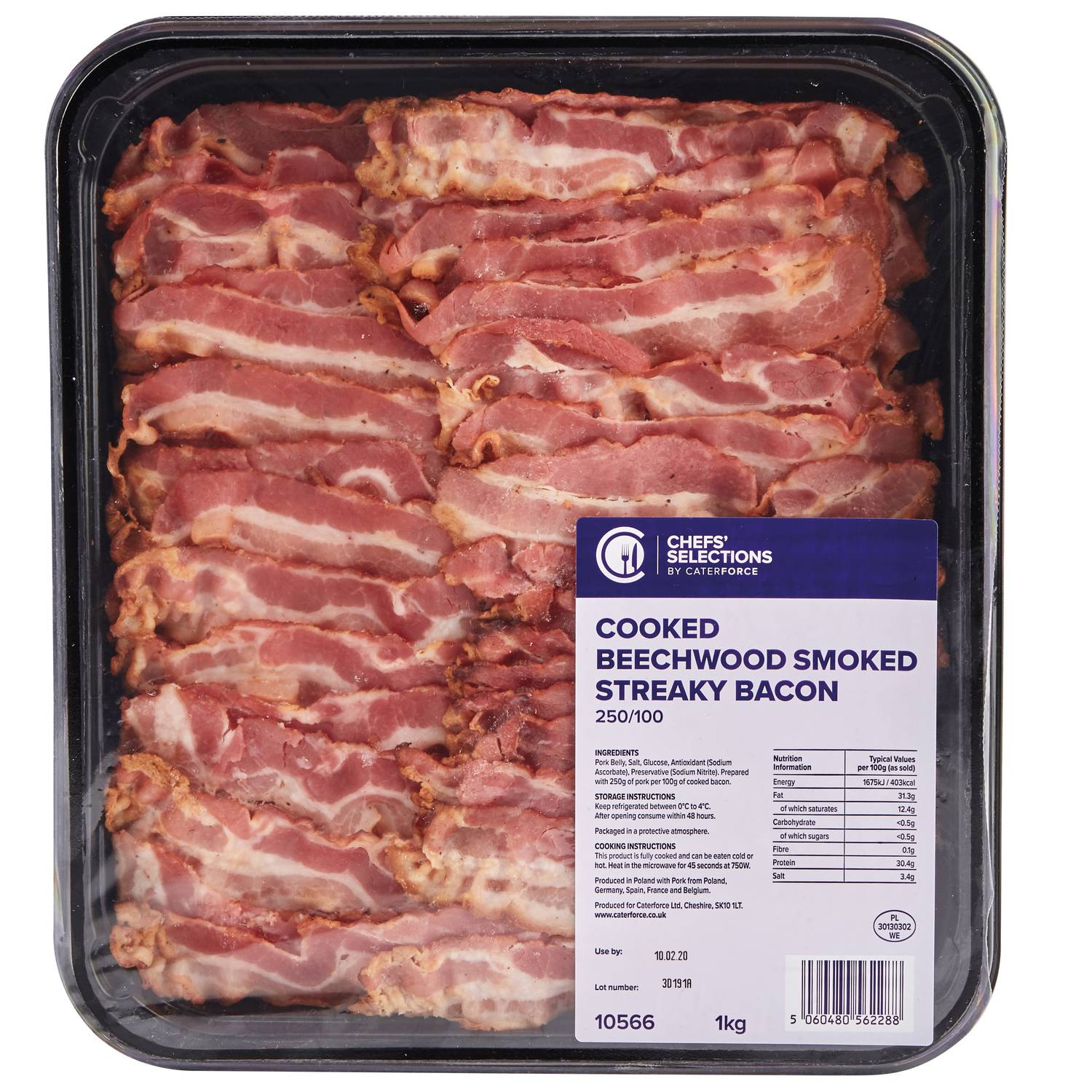 Chefs’ Selections Cooked Beechwood Smoked 250/100 Streaky Bacon (8 x 1kg)